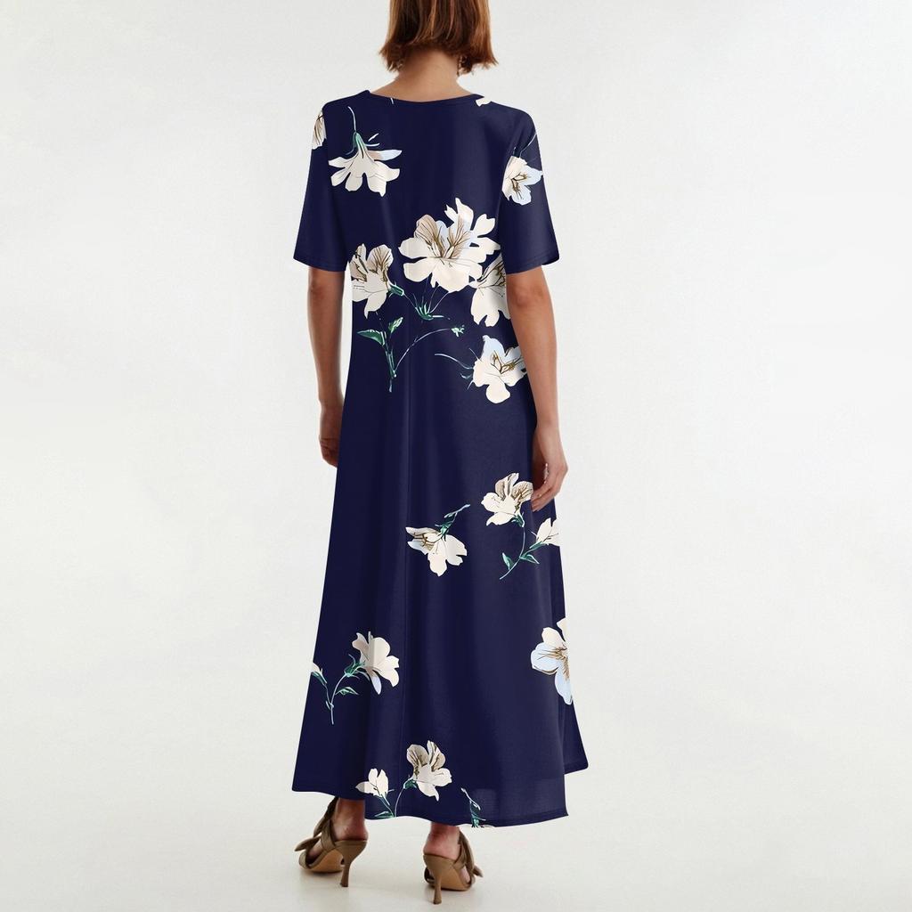 Women's Fashionable And Casual Long Beach Skirt Round Neck Short Sleeved Loose Retro Print Dress