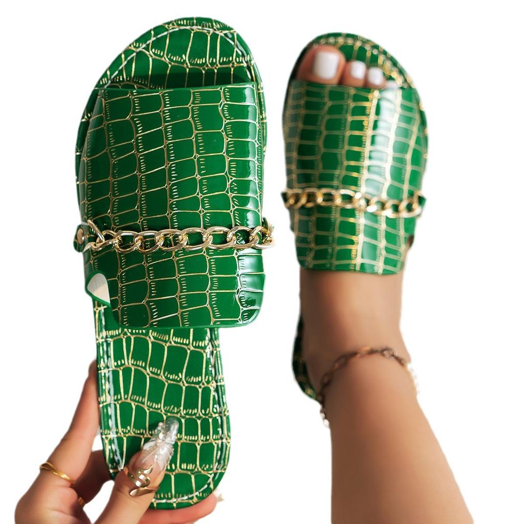 European and American large size outer wear flat-bottomed slippers summer crocodile pattern chain beach