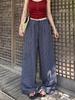 Women's Summer Blue Plaid Wide-Leg Cotton Drawstring Pants - Retro Texture, Thin, Loose, Casual