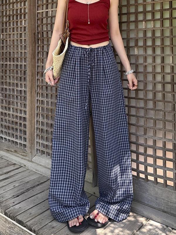 Women's Summer Blue Plaid Wide-Leg Cotton Drawstring Pants - Retro Texture, Thin, Loose, Casual