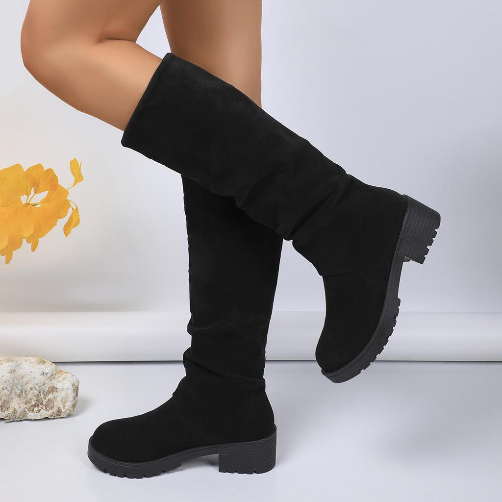 Fashion Boots for Women 2025 Spring Autumn Suede Thick Medium Heel Pleated Mid-calf Boots Casual Platorm Solid Slip on Knight Booties