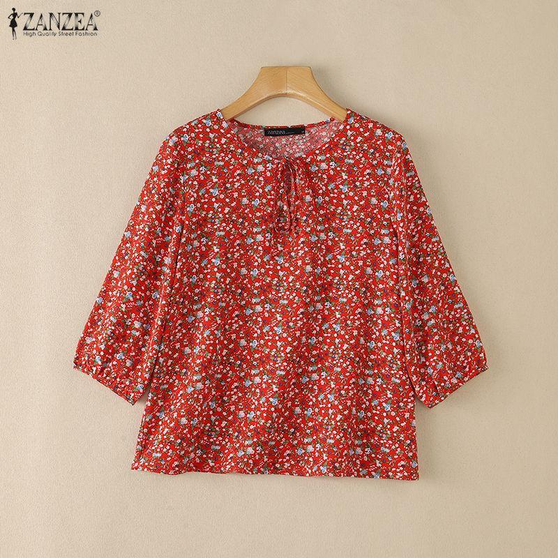 ZANZEA Women Elegant Round Neck Loose 3/4 Sleeve Floral Print Blouse