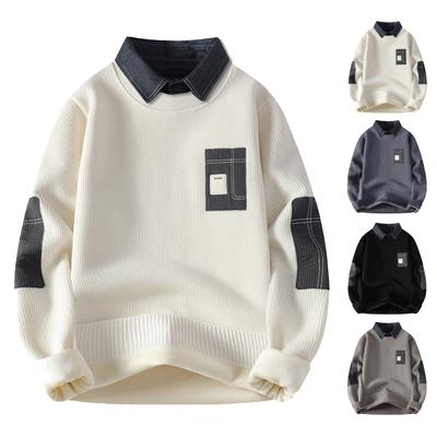 Herr Casual Patchwork Falsk Tvådelad Stickad Inre Lager Tröja, Herr Fleece Varm Reverskrage Tröja