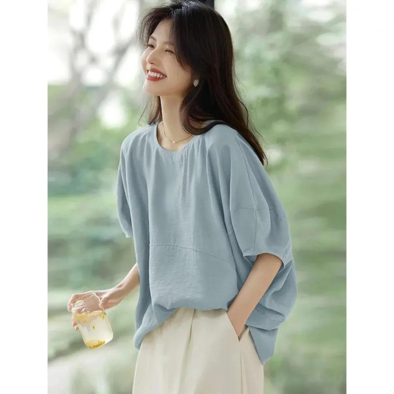 Women Light Blue Solid Lantern Sleeve Loose Casual T Shirt S