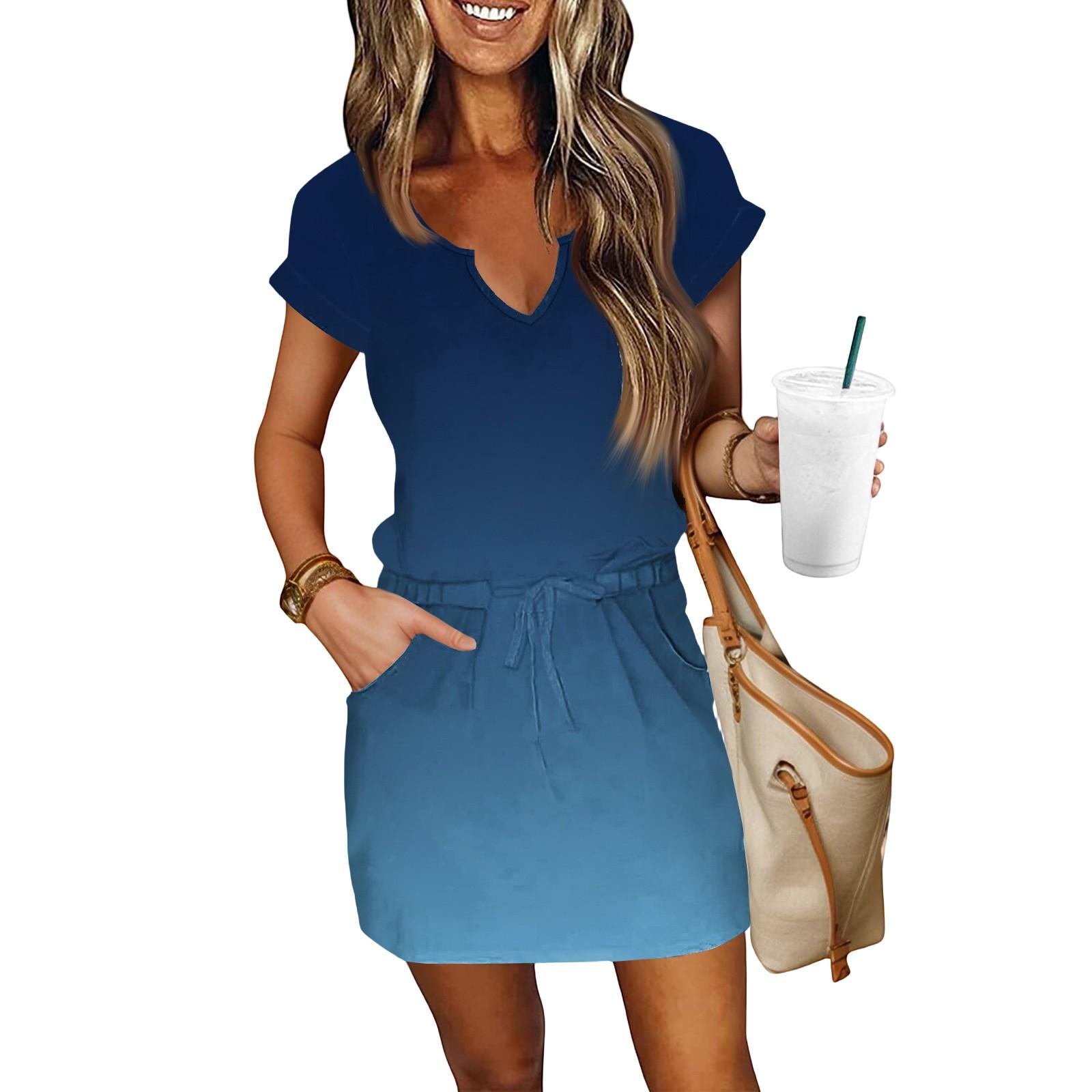 

Женские летние платья с V-образным вырезом, короткими рукавами, кулиской, карманами, градиентные, повседневные M синий