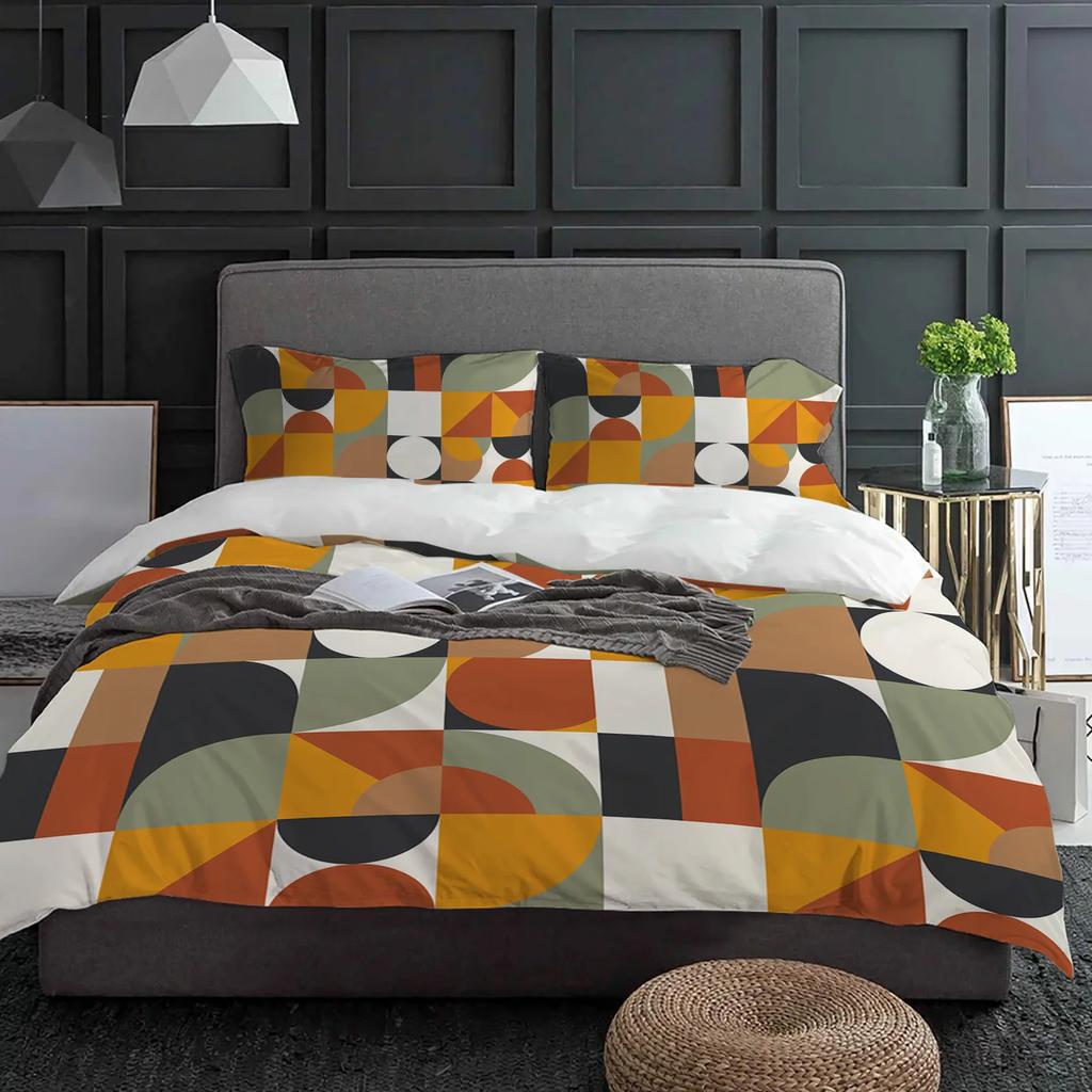 Nordic Retro Medieval Geometric Abstract Color 3pcs Bedding Set For Double Bed Home Textile Duvet Cover Quilt Cover Pillowcase