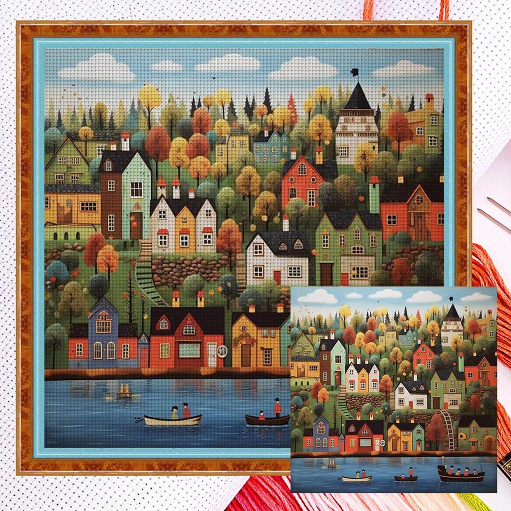 Colorful Houses 14CT 2 Strands DIY Counted Cross Stitch Kits for Beginners Adults Home Decor Needlework Embroidery Kit 50x50cm