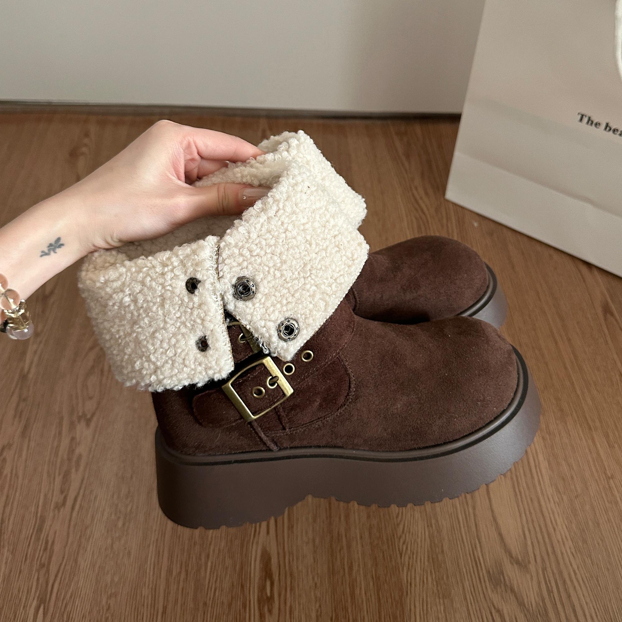 

Autumn Winter Cotton Women Knight Boots Fashion Belt Buckle Thick Heel Shoes Female Vintage Short Plush Mid Calf Booties 35