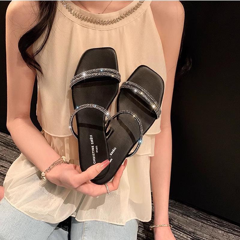 

Sheepskin Su Yinyin of the same style~ Summer new broken flash square head rhinestone word with flat bottom slippers women s sandals outside 35