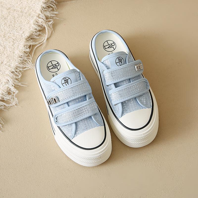 

Увеличивающие рост толстоподошвенные туфли-мешки с закрытым носком и полушлепанцы для женской летней обуви 2025 года, новые дышащие сетчатые белые туфли с одним носком на прохладных шлепанцах 40 синий