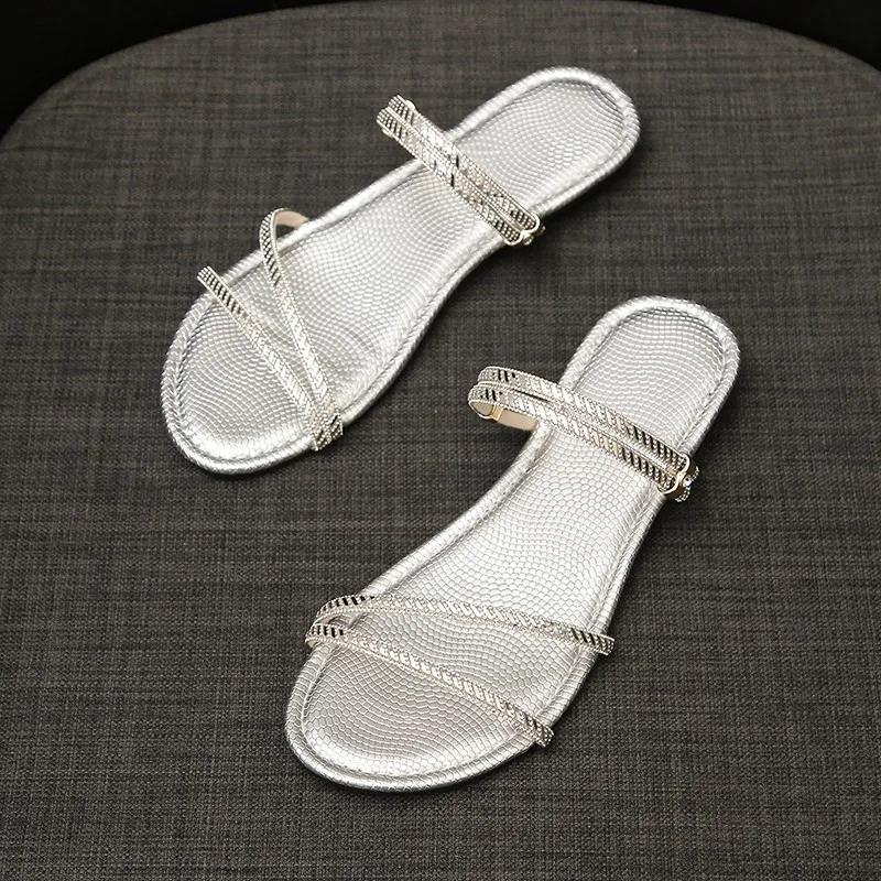 Women's Flat Slippers Rhinestones Soft Sole One Kick Women's Sandals New Dress Beach Summer Two-wear Fashion Sandalias De Mujer