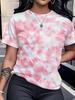 Printed Design - Not Textured. Pink and White Contrast Tie-Dye Print. Women's Round Neck Short Sleeve Top. Full of Independence Day Outfit Vibes. New