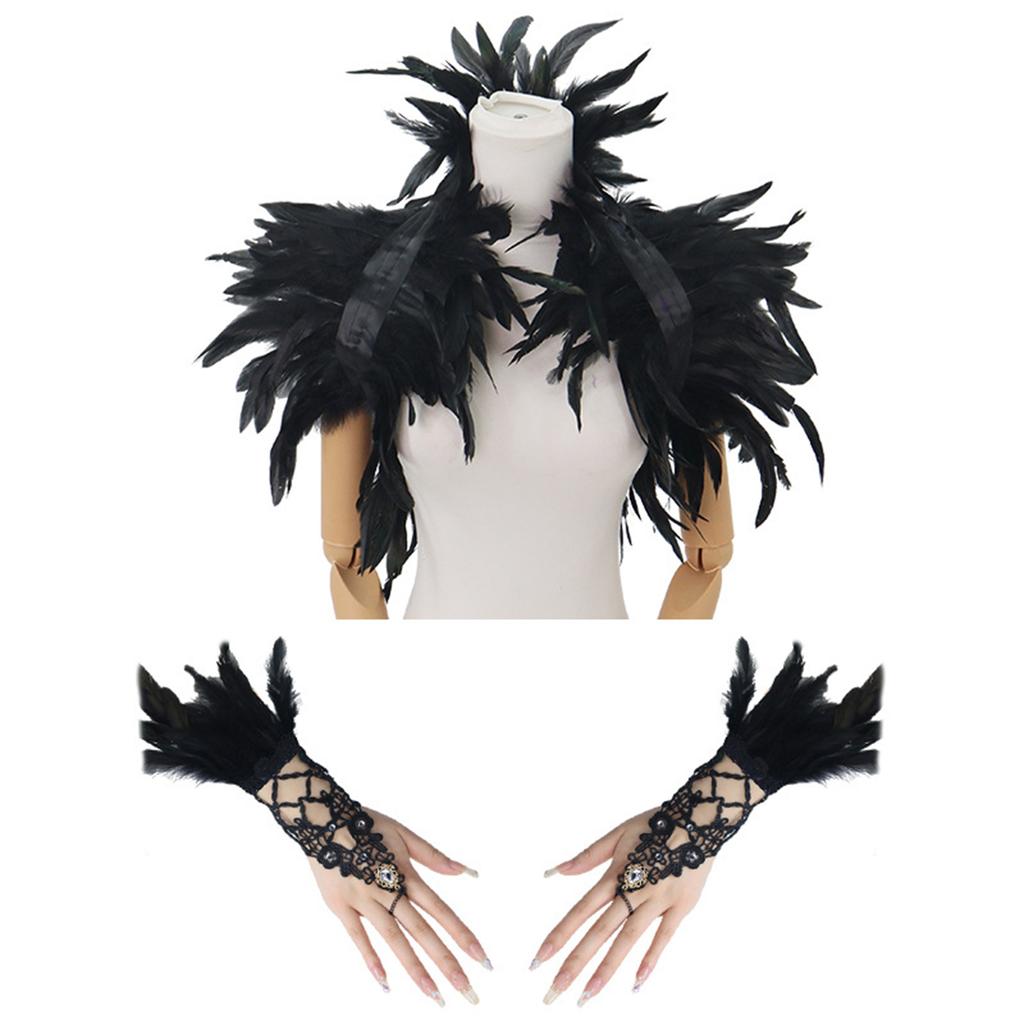 Set Mantellina e Guanti Gotici con Piume e Design Traforato in Pizzo per Costume di Halloween