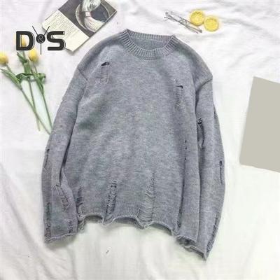 Men Fall Winter Sweater Ripped Hole Solid Color Round Neck Knitted Retro Japanese Style Mid Length Loose Long Sleeve Soft Warm Pullover Men Sweater