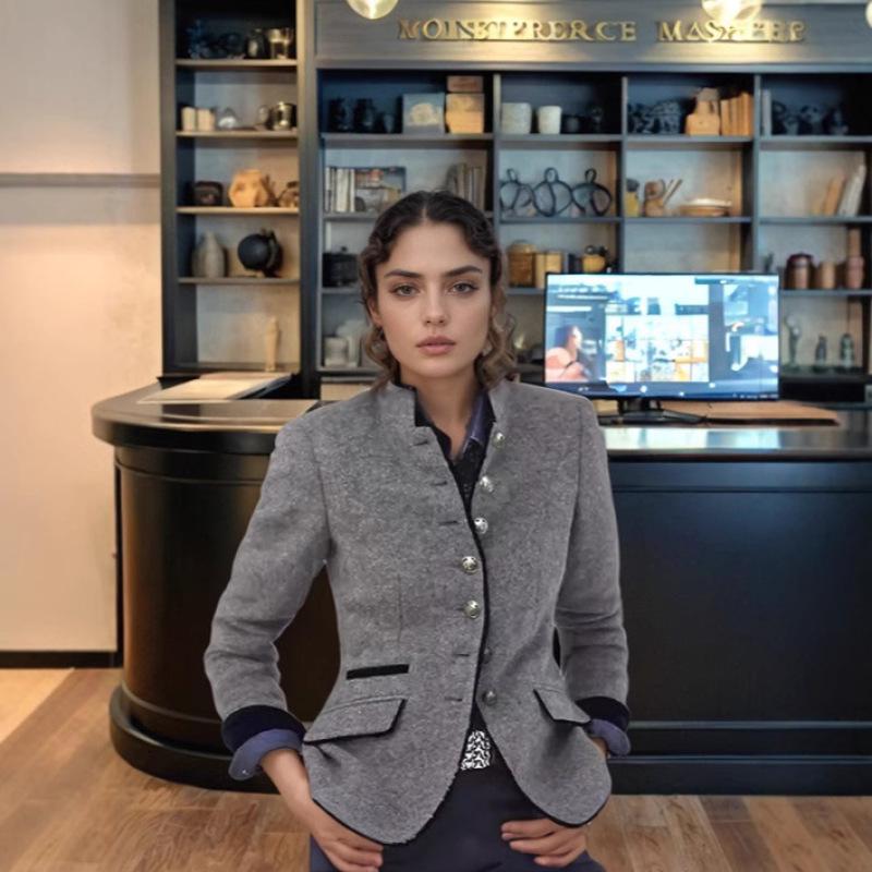 2025 Spring Women's Woolen Vintage Color Block Stand Collar Coat