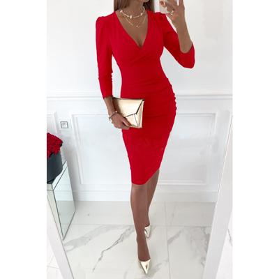 Women's Fashion Spring Fall Solid Color Print Long Sleeve V-Neck High Waist Casual Dresses