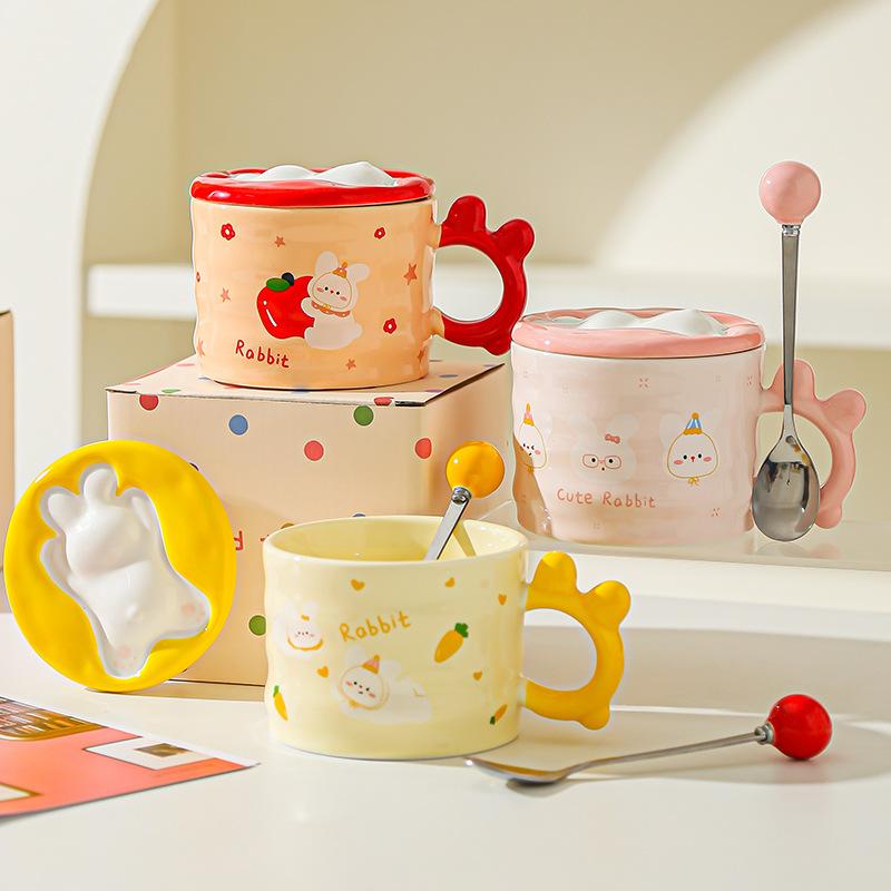 Little Rabbit Cartoon Lid Ceramic Cup Girls High Temperature Resistant Mug Cute Creative Water Cup Office Small Gift Cup