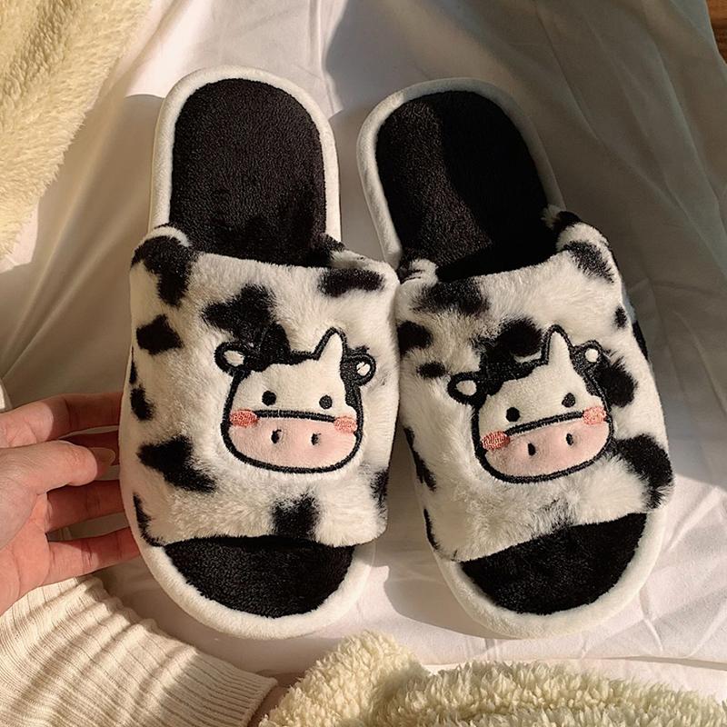 Fashion Kidmi Cute Cow Indoor House Slippers For Women Warm Fuzzy Women Slippers Casual Lovely Open Toe Slippers Antiskid Home Slippers
