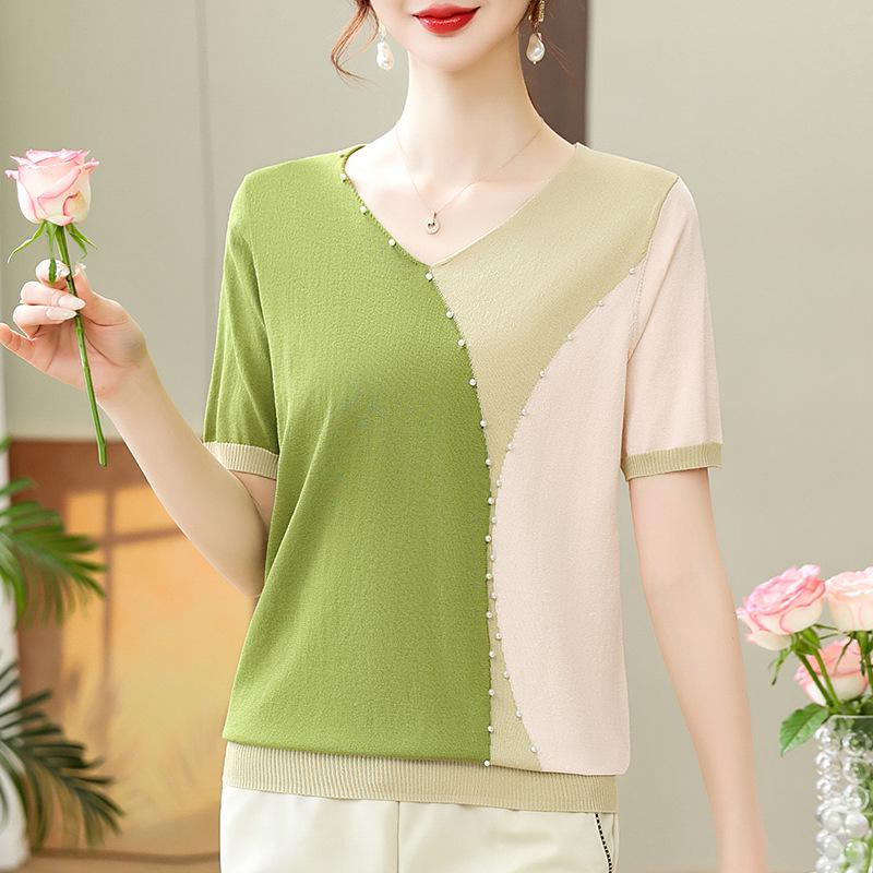 

Ice Silk V-neck Summer T-shirt for Mothers and Elderly Women - Loose, Short-sleeved Knit Top 115 зелений/авокадо