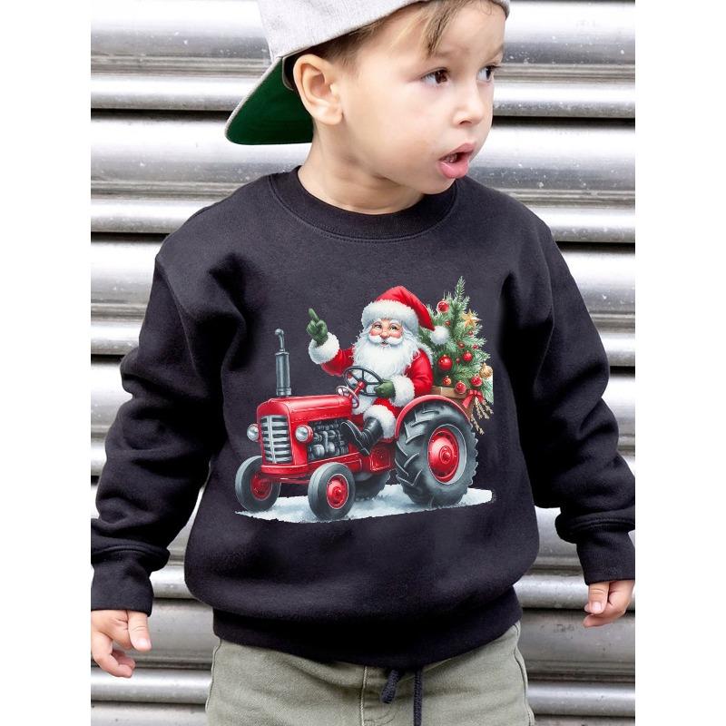 Christmas-Themed Boys' Autumn And Winter Stylish Fleece Round-Neck Sweatshirt Featuring a Loose Fit with a Cartoon Santa Claus Driving