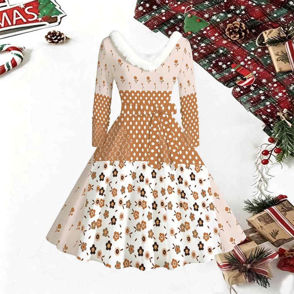 Women Polka Dot Print Midi Dress, Long Sleeve V‑Neck Furry Trim A‑Line Party Dress, Christmas Limited Edition