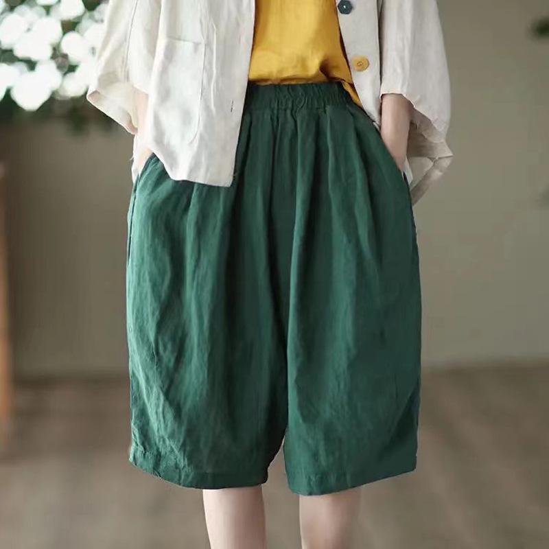 Pantalones cortos de lino y algodón de cintura alta para mujer - Verano Casual Color sólido Pierna ancha Pantalones de cinco puntos