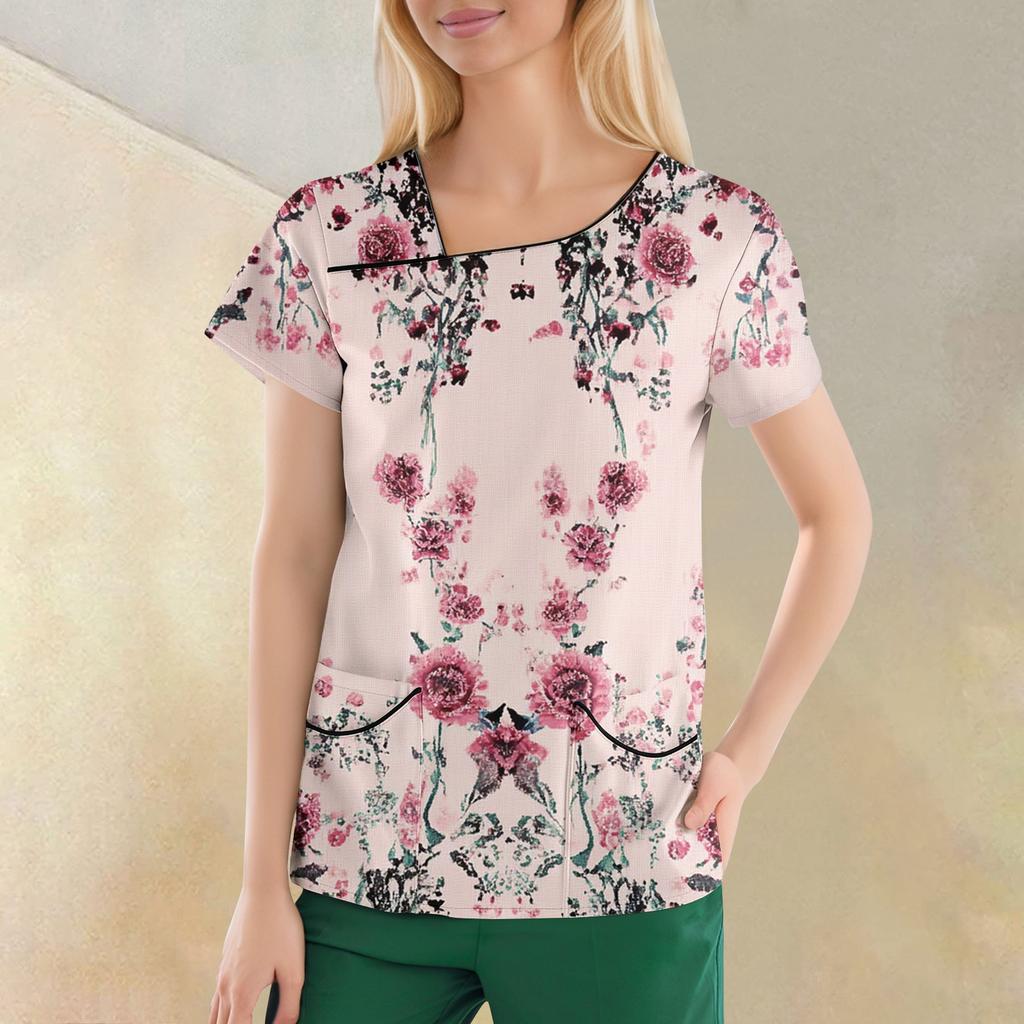 Women's Casual  Print Short Sleeve Sloping Collar Workwear Top With Double Pockets