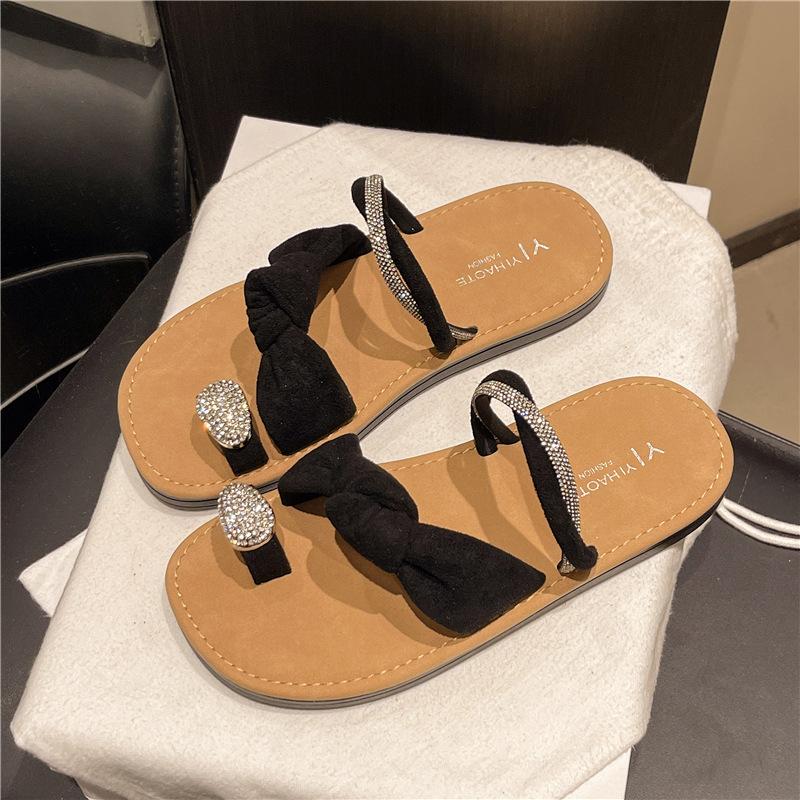 

Pearl set toe sandals summer solid color outer wear versatile casual slippers round head foot non-slip shoes tide slippers 42 чёрный