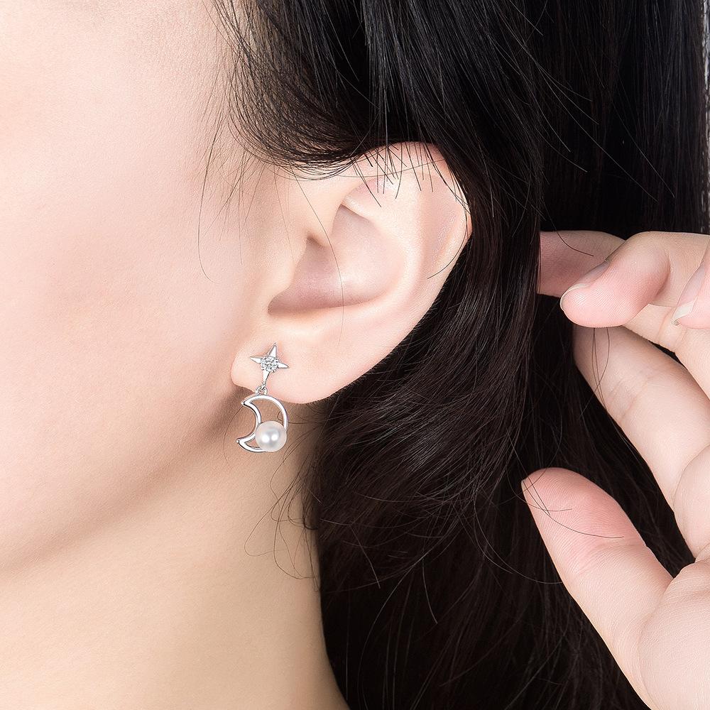 Autumn and Winter Pearl Stud Earrings Women's Silver Plated Personality Hipster Creative Star and Moon Ear Studs Earrings