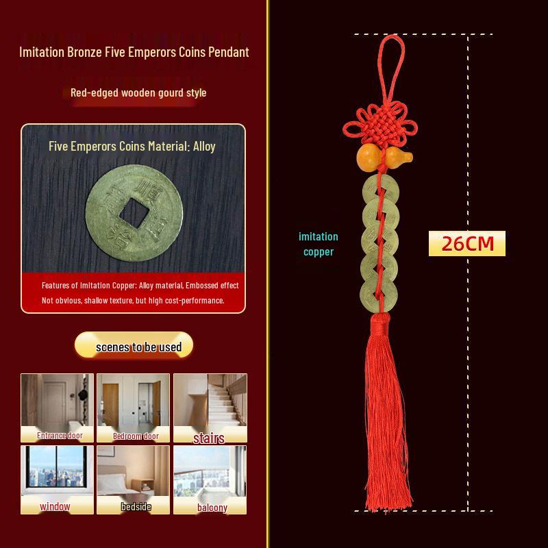 Ciondolo Gourd in Ottone e Legno con Monete dei Cinque Imperatori - Nodo Cinese Decorazione per la Casa