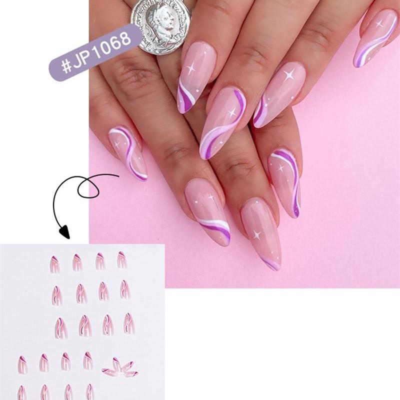 24pcs French False Nails Wave Design Fake Nails Summer Style Gradient False Nail Pink Purple Heart Flower Nail Art Tools