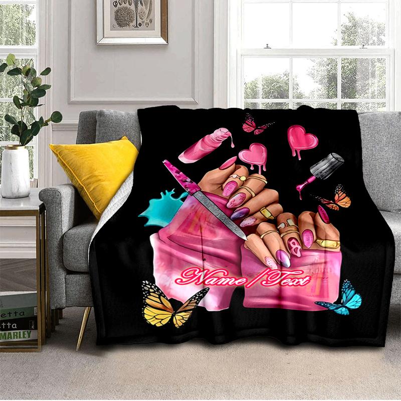 1PC Custom Name Nail Art outdooor Flannel blankets Throw Blanket All-Season Throw Gift Bedspread for Couch, Bed, Camping Holiday Birthday gift
