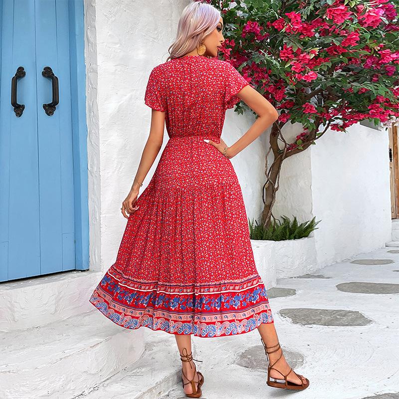 European and American Elegant Seaside Vacation Style Medium and Long Dress V-neck Ethnic Style Printed Dress