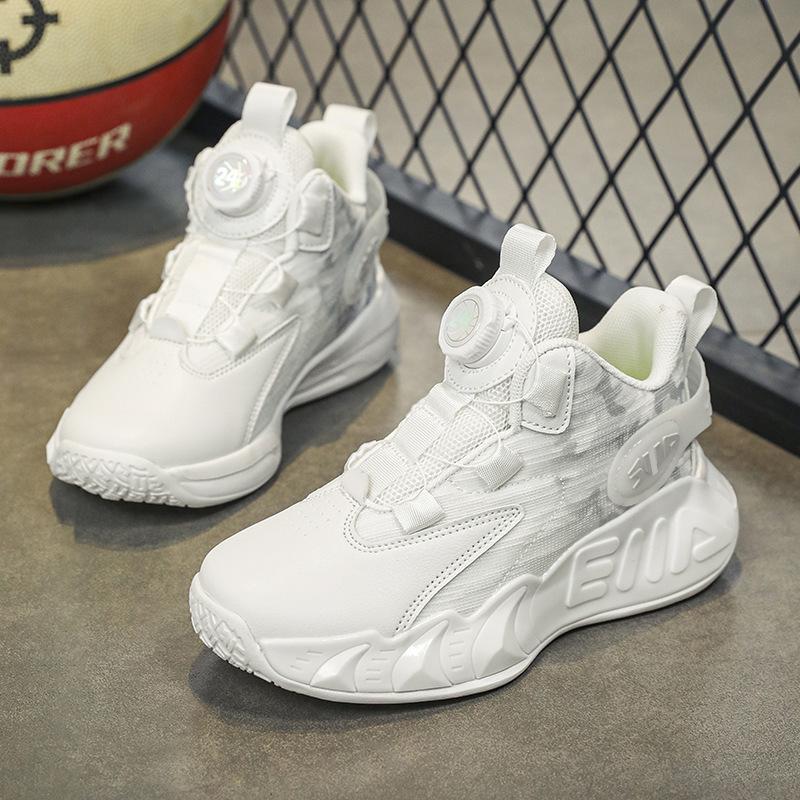 Children's basketball shoes Boys Spring and Autumn leather new white mesh button sneakers friction sound running shoes