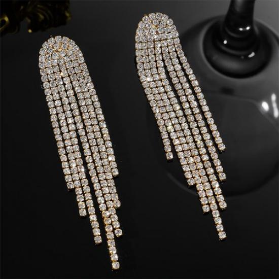 Cubic Zirconia Crystal Rhinestone Statement Long Tassel Ear Dangle Drop Earring+