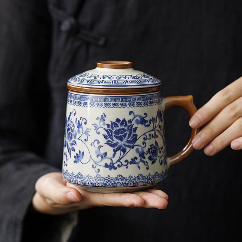 Blue and White Ceramic Office Mug with Tea and Water Separation, Large Capacity.