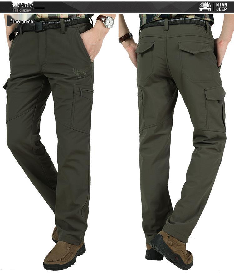 In Stock Men's Quick-Dry Winter Outdoor Multi-Pocket Ski Pants, Plus Velvet Thick Straight-Leg Windproof Long Pants