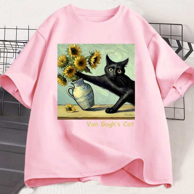 Van Goghs Cat Art Print T Shirt Funny Graphci T Shirts Trendy Summer Loose Short Sleeved Tshirt Unisex Harajuku Top