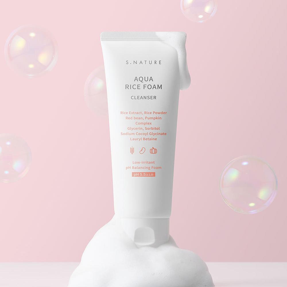 S.NATURE Aqua Rice Gentle Foam Cleanser – 160ml + 20ml Gift Set | Low pH Face Wash for Sensitive Skin