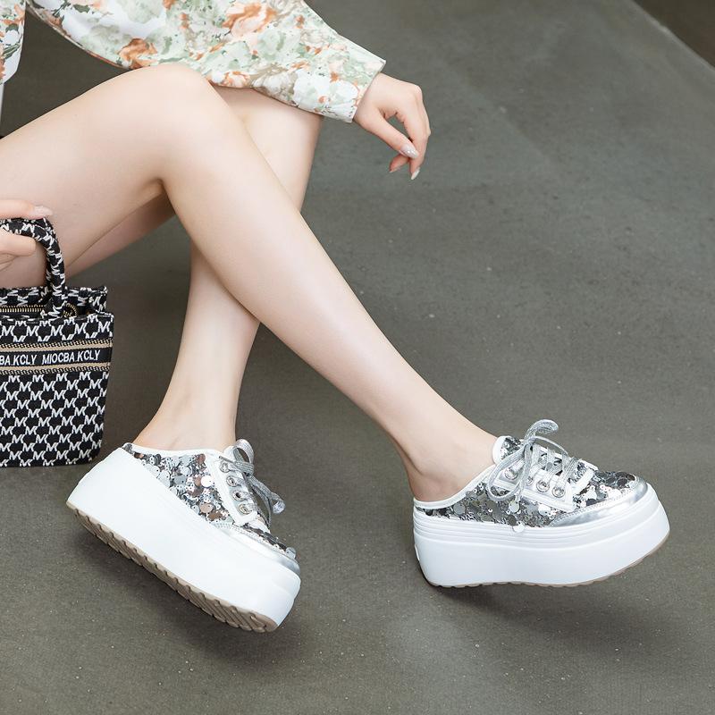 Baotou half slippers women's 2025 new summer thick-soled sequins mesh without heel outer wear slippers to increase height and show thinness women