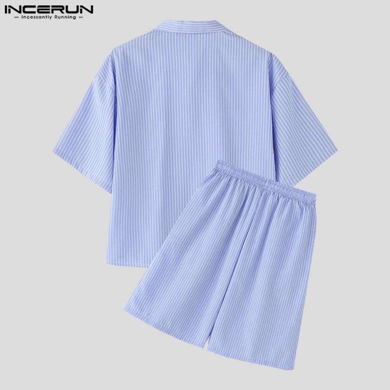 INCERUN Two Piece Suit Men Striped Short Sleeve Shirts Shorts Casual Outfits Sets
