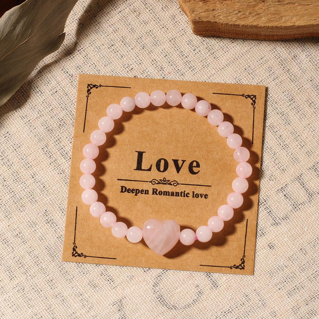 Festive Gifts Rose Quartz Beaded Bracelet With Heart Charm Sweet Fashion Jewelry For Women Daily Wear Simple Versatile Accessory