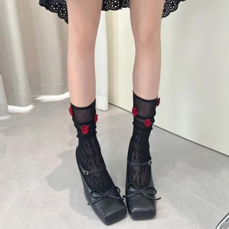 Womens Floral Lace Pattern Crew Socks Soft Nylon Blend Colorful 3D Rose Flower Mesh Fishnet Middle Calf Socks Daily Wear