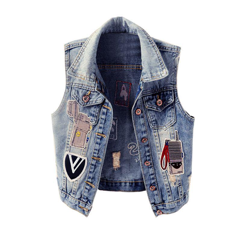 2023 Spring & Fall European Style Patchwork Ripped Denim Vest for Women