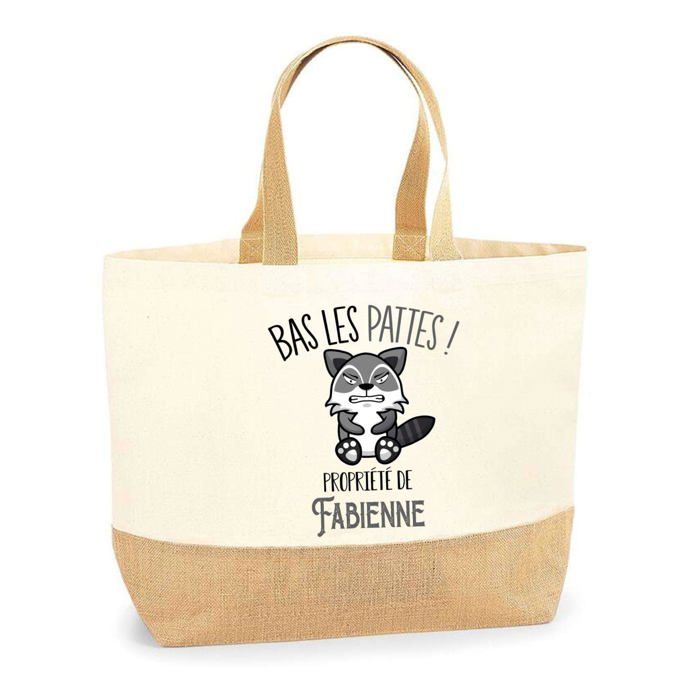 Sac cabas - PLANETEE - Fabienne « Bas les pattes » Raton laveur - Jute - Imprimé en France - Grande contenance