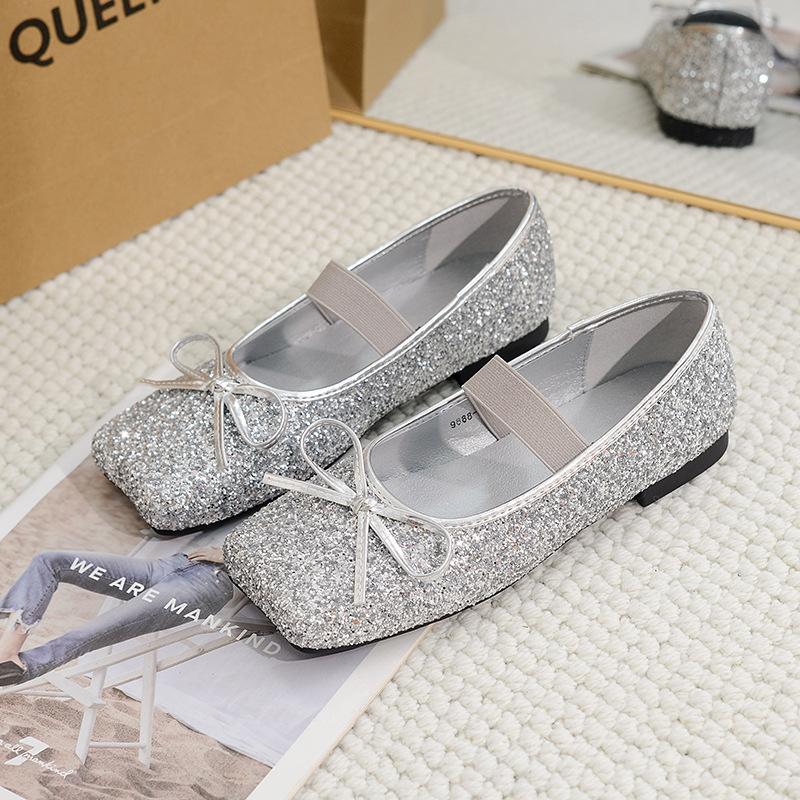 

Fashion bling bling bowtie flats women square toe elastic band ballerina shoes woman glitter bow moccasins designer zapatillas de mujer 34 серебряный