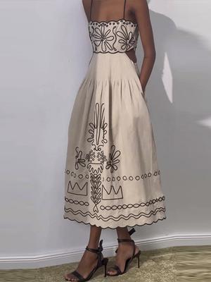 Printed Sling Cut Out Sleeveless Backless Pleated Pockets Women Long Dresses Summer Beach Lady Robe