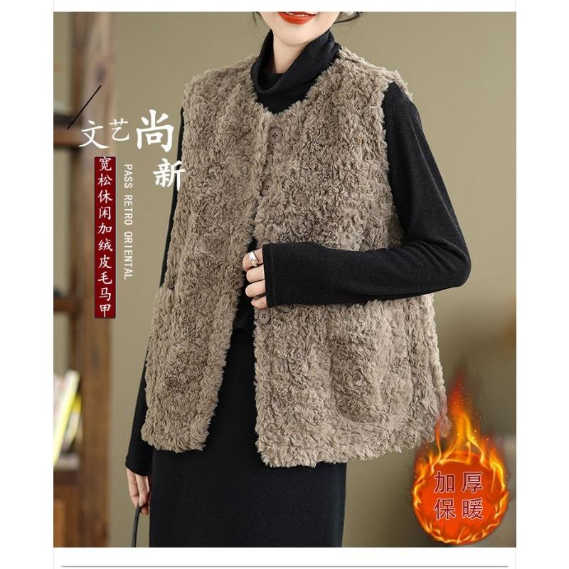 

Новый пушистый жилет и зимняя плюшевая свободная теплая верхняя одежда без рукавов в ретро-стиле, простая L хаки