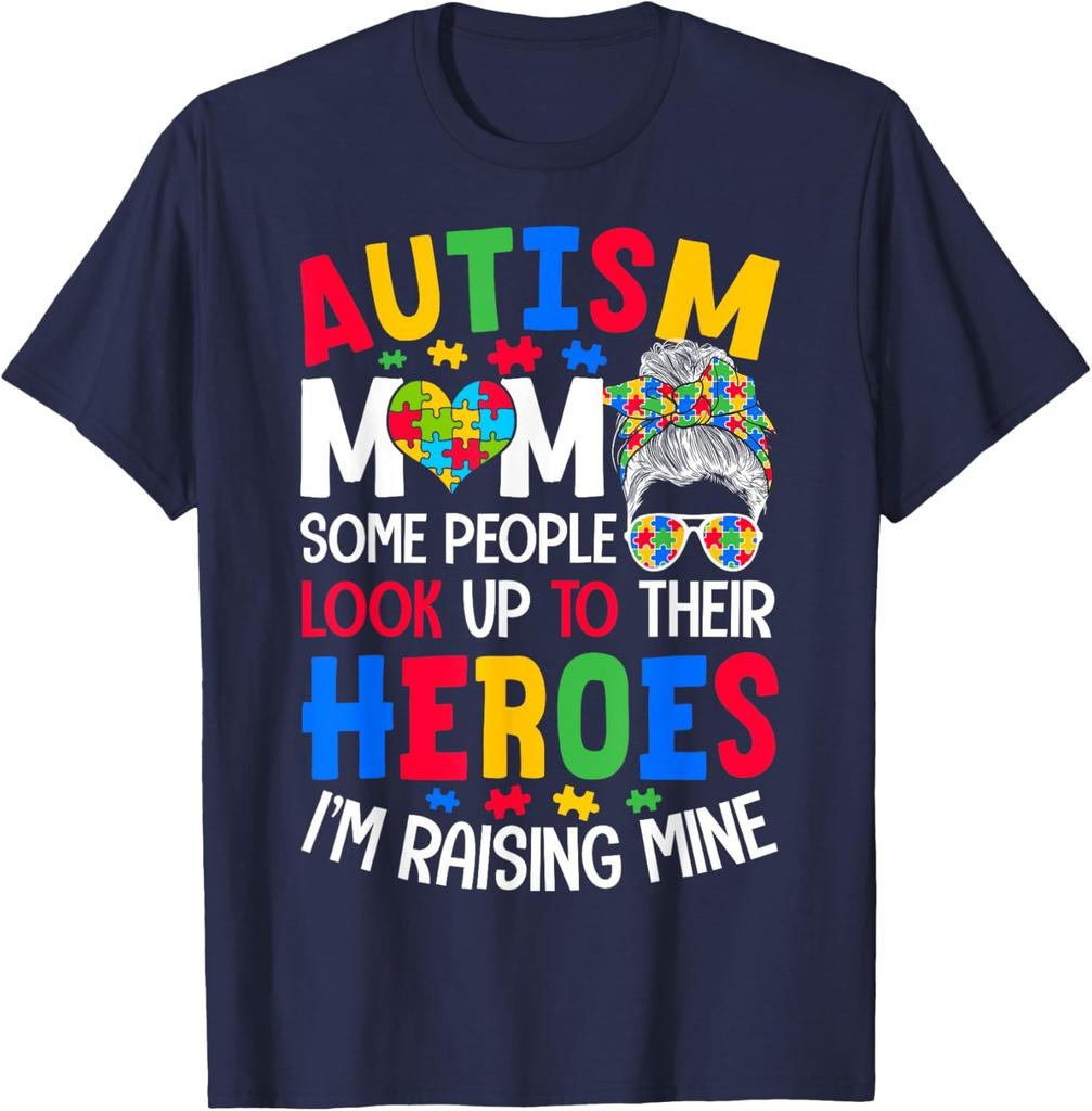 Autism Mom Raising Hero Groovy Messy Bun Awareness T-Shirt
