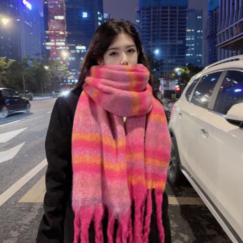 Scarf Women's Winter High-end Sense, Colored Fluffy Fringed Large Shawl, Warm and Versatile Atmosphere, Striped Scarf